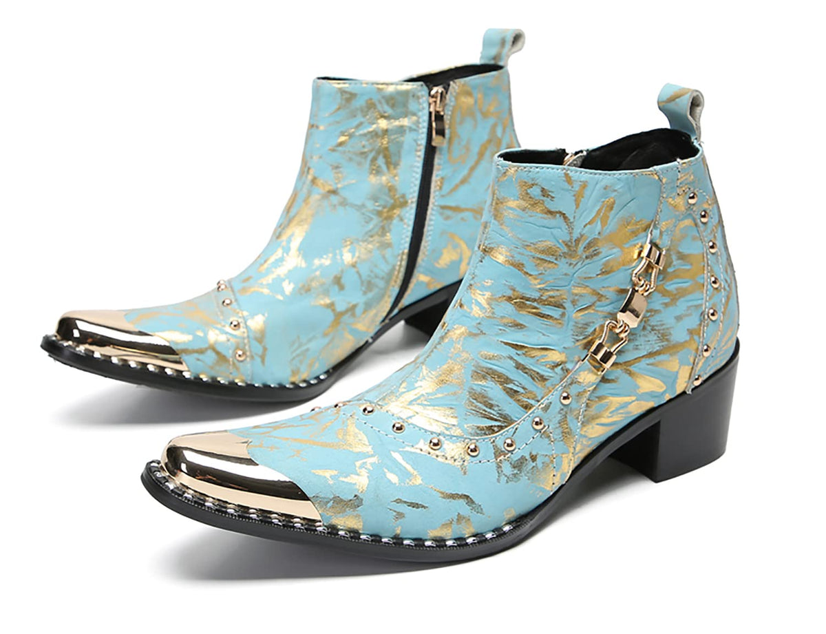 Mens Genunie Leather Zipper Chain Metal Square Toe Ankle Western Boots