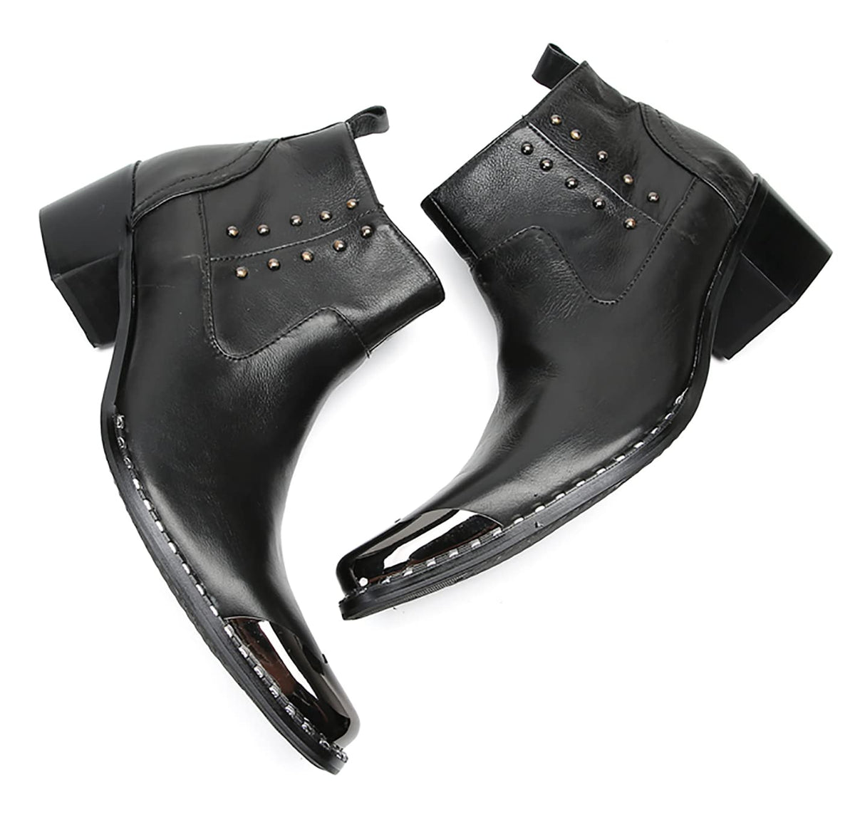 Mens Genuine Leather Beaded Zipper Metal Square Toe Ankle Western Boots