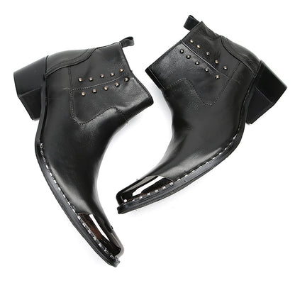 Mens Genuine Leather Beaded Zipper Metal Square Toe Ankle Western Boots