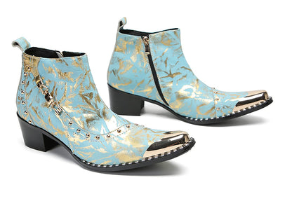 Mens Genunie Leather Zipper Chain Metal Square Toe Ankle Western Boots