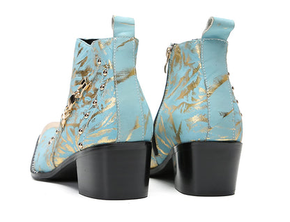 Mens Genunie Leather Zipper Chain Metal Square Toe Ankle Western Boots