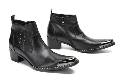 Mens Genuine Leather Beaded Zipper Metal Square Toe Ankle Western Boots