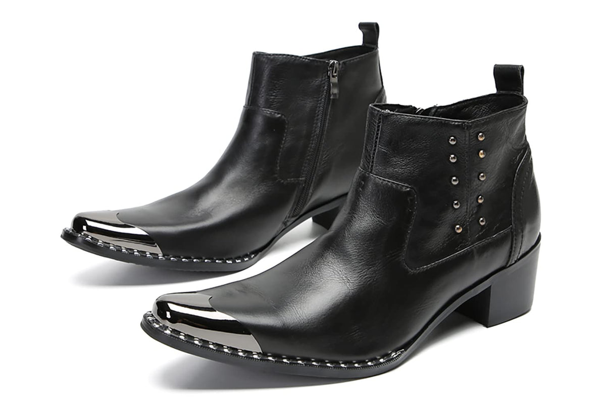Mens Genuine Leather Beaded Zipper Metal Square Toe Ankle Western Boots