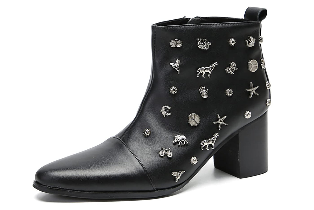 Mens Genunie Leather Mid Top Boots Wingtip Toe Full Samll Decor Hard Heel Ankle Boots