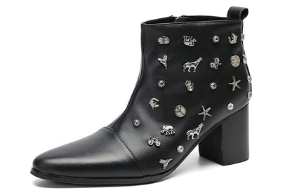 Mens Genunie Leather Mid Top Boots Wingtip Toe Full Samll Decor Hard Heel Ankle Boots