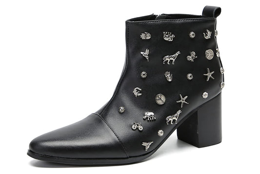 Mens Genunie Leather Mid Top Boots Wingtip Toe Full Samll Decor Hard Heel Ankle Boots