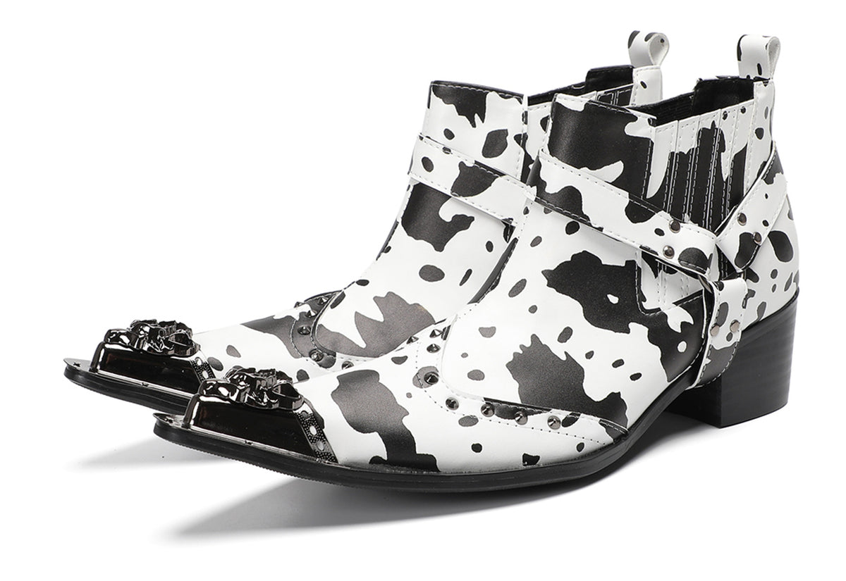 Mens Cow Print Harness Strap Chain Accent Ankles Western Chelsea Boots