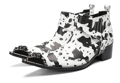 Mens Cow Print Harness Strap Chain Accent Ankles Western Chelsea Boots