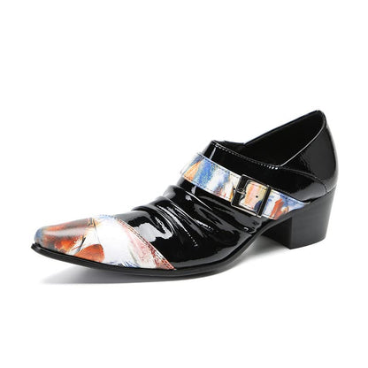 Mens Genunie Leather Casual Dress Slip On Buckle Two Tone Heel Loafers