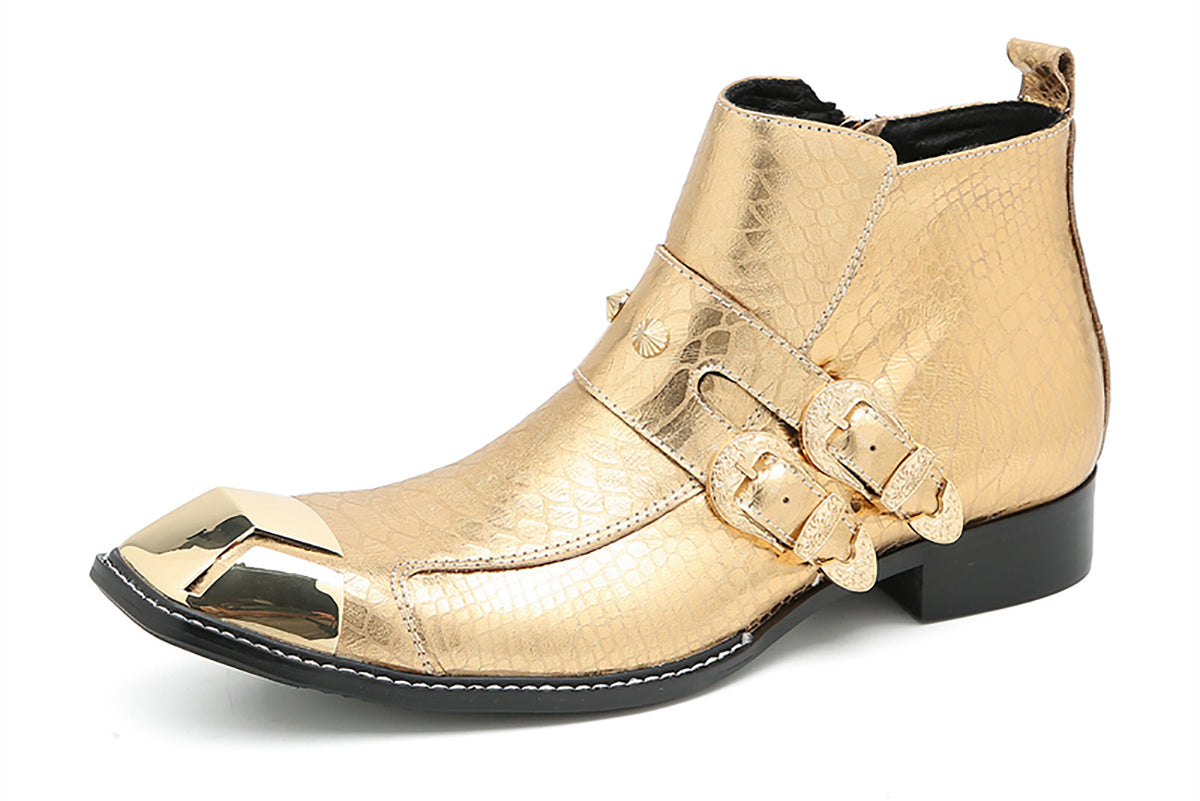 Mens Genunie Leather Metal Square Toe Buckles Zipper Ankle Western Boots