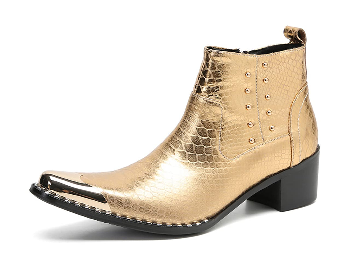 Mens Genuine Leather Beaded Zipper Metal Square Toe Ankle Western Boots