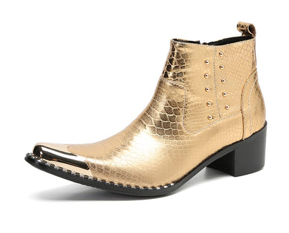 Mens Genuine Leather Beaded Zipper Metal Square Toe Ankle Western Boots