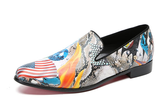 Mens Genuine Leather Slip On Casual Dress Graffiti Penny Loafers