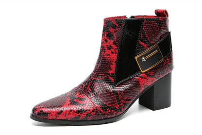 Mens Genuine Leather Casual Dress Snakeskin Texture Zipper Heel Ankle Boots