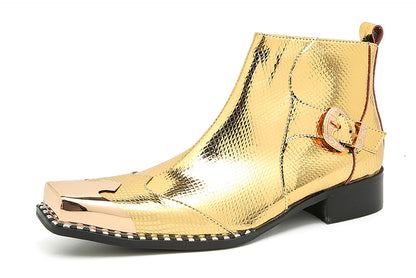 Mens Genuine Leather Gold Dress Metal Square Toe Ankle Western Boots