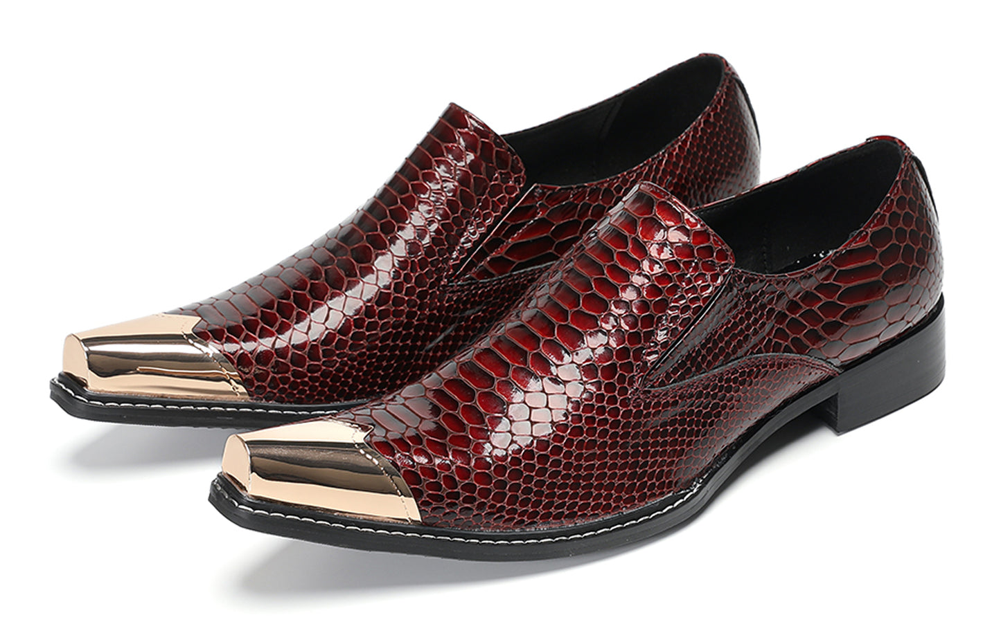 Mens Burgundy Snake-Print Patent Metal Toe-Cap Western Loafers