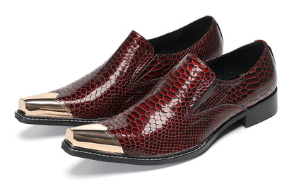 Mens Burgundy Snake-Print Patent Metal Toe-Cap Western Loafers