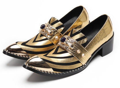 Mens Metal Tip Toe Black Gold Pattern Western Loafers