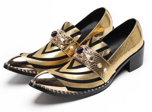 Mens Metal Tip Toe Black Gold Pattern Western Loafers