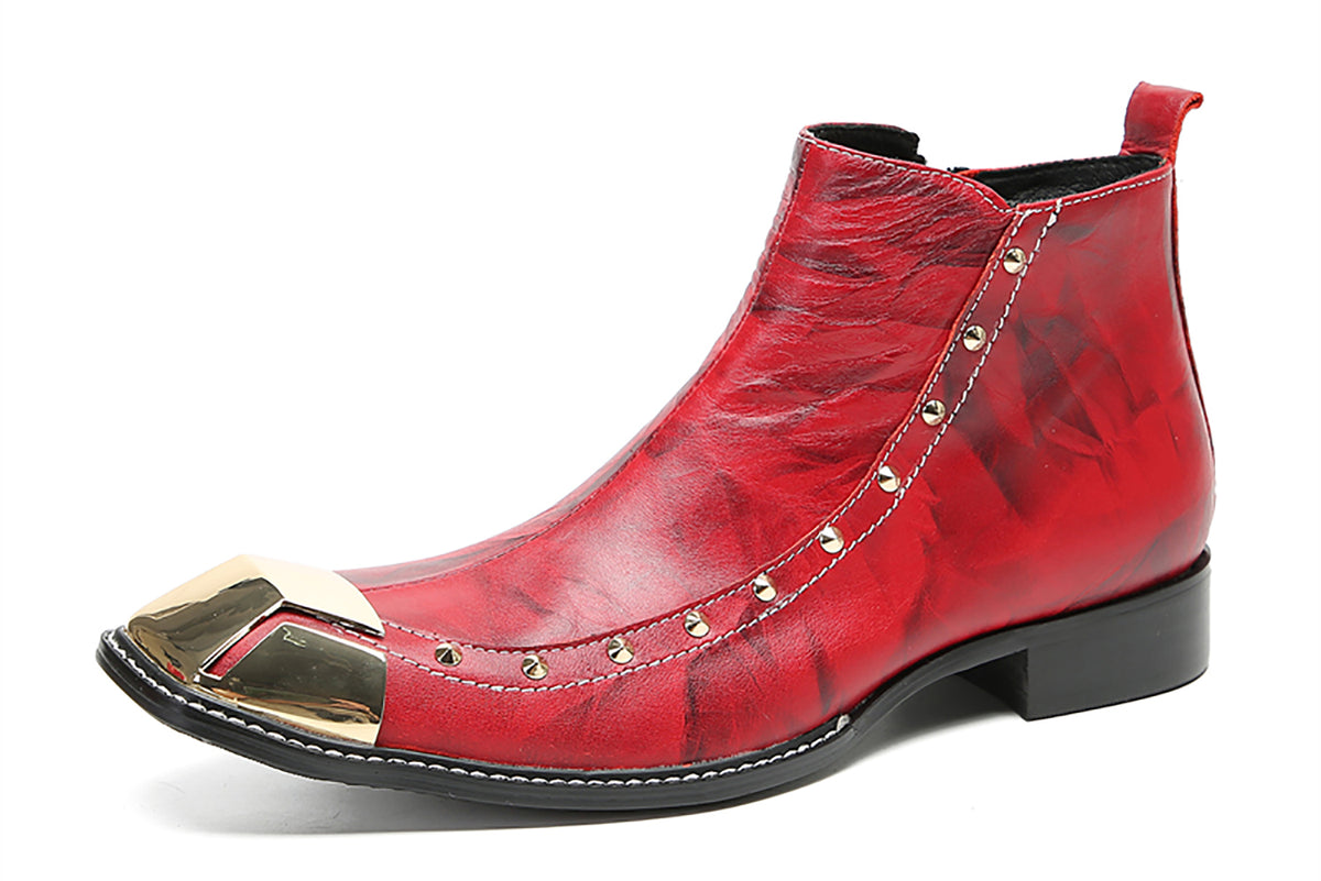 Mens Genunie Leather Red Dress Metal Square Toe Ankle Western Boots