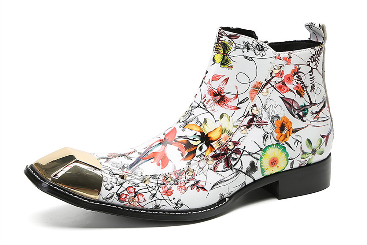 Mens Genunie Leather Metal Square Toe Flowers Graffiti Zipper Ankle Western Chelsea Boots