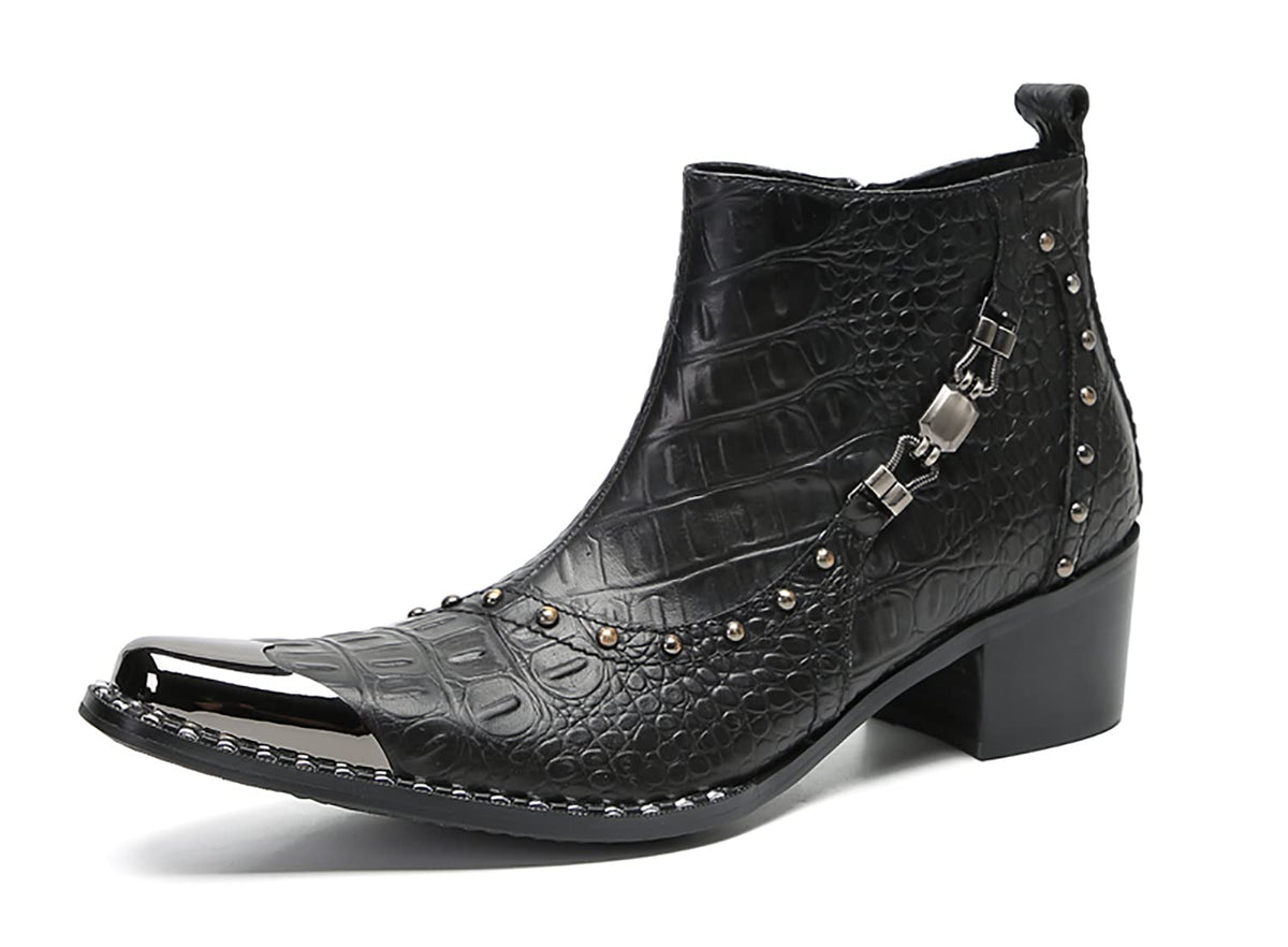 Mens Genunie Leather Zipper Chain Metal Square Toe Ankle Western Boots