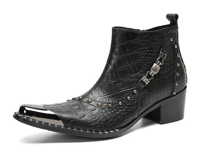 Mens Genunie Leather Zipper Chain Metal Square Toe Ankle Western Boots