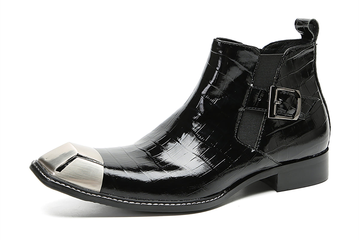 Mens Genunie Leather Black Dress Leather Metal Square Toe Ankle Western Chelsea Boots