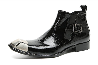 Mens Genunie Leather Black Dress Leather Metal Square Toe Ankle Western Chelsea Boots
