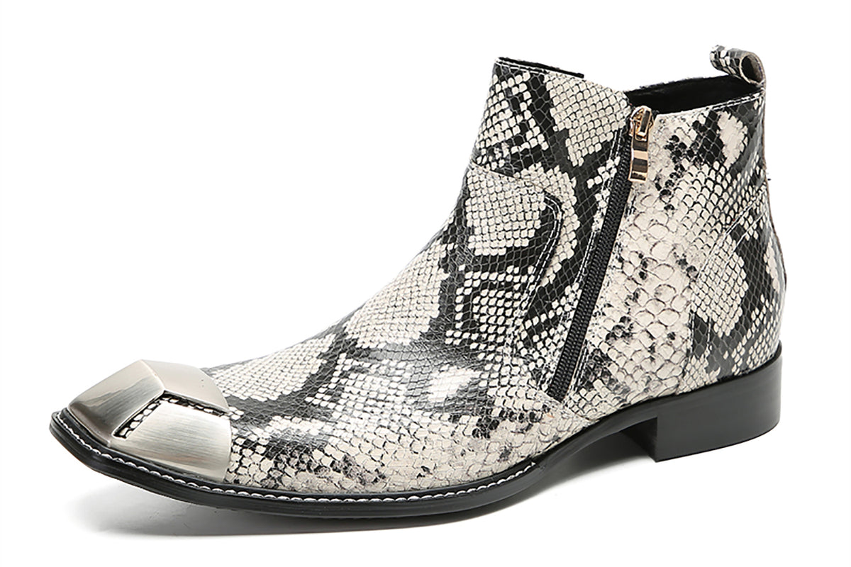 Mens Genunie Leather Metal Square Toe Double Zip Ankle Western Boots