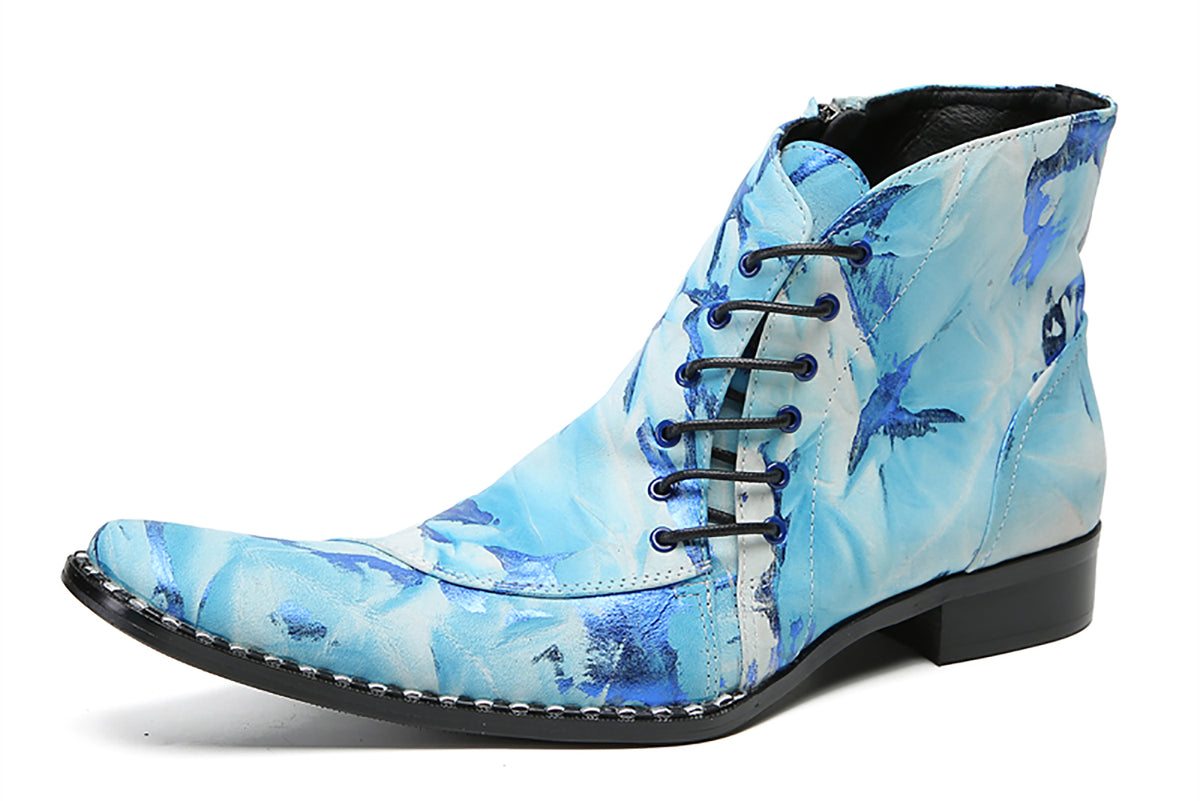 Mens Genuine Leather Casual Party Blue Dress Slanted Shoelaces Ankle Boots