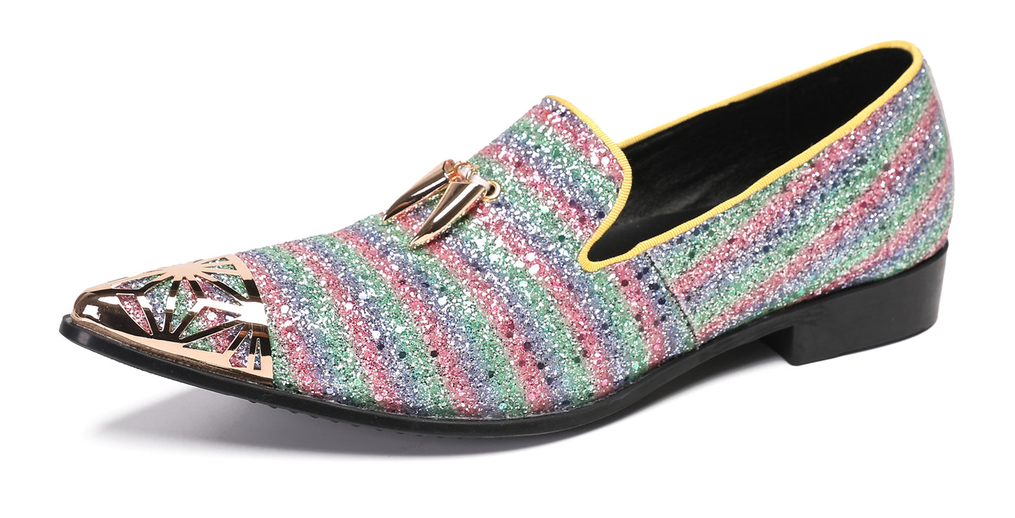 Mens Party Slip On Metal-Tip Toe Prom Glitter Western Loafers