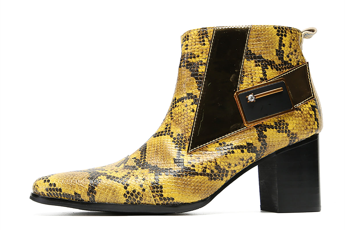Mens Genuine Leather Casual Dress Snakeskin Texture Zipper Heel Ankle Boots