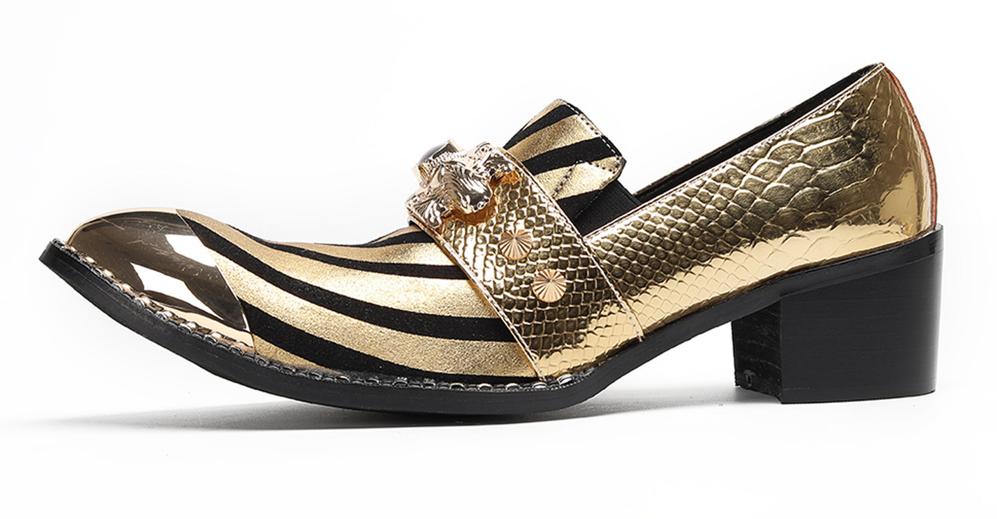 Mens Metal Tip Toe Black Gold Pattern Western Loafers
