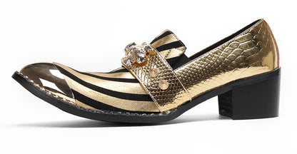 Mens Metal Tip Toe Black Gold Pattern Western Loafers