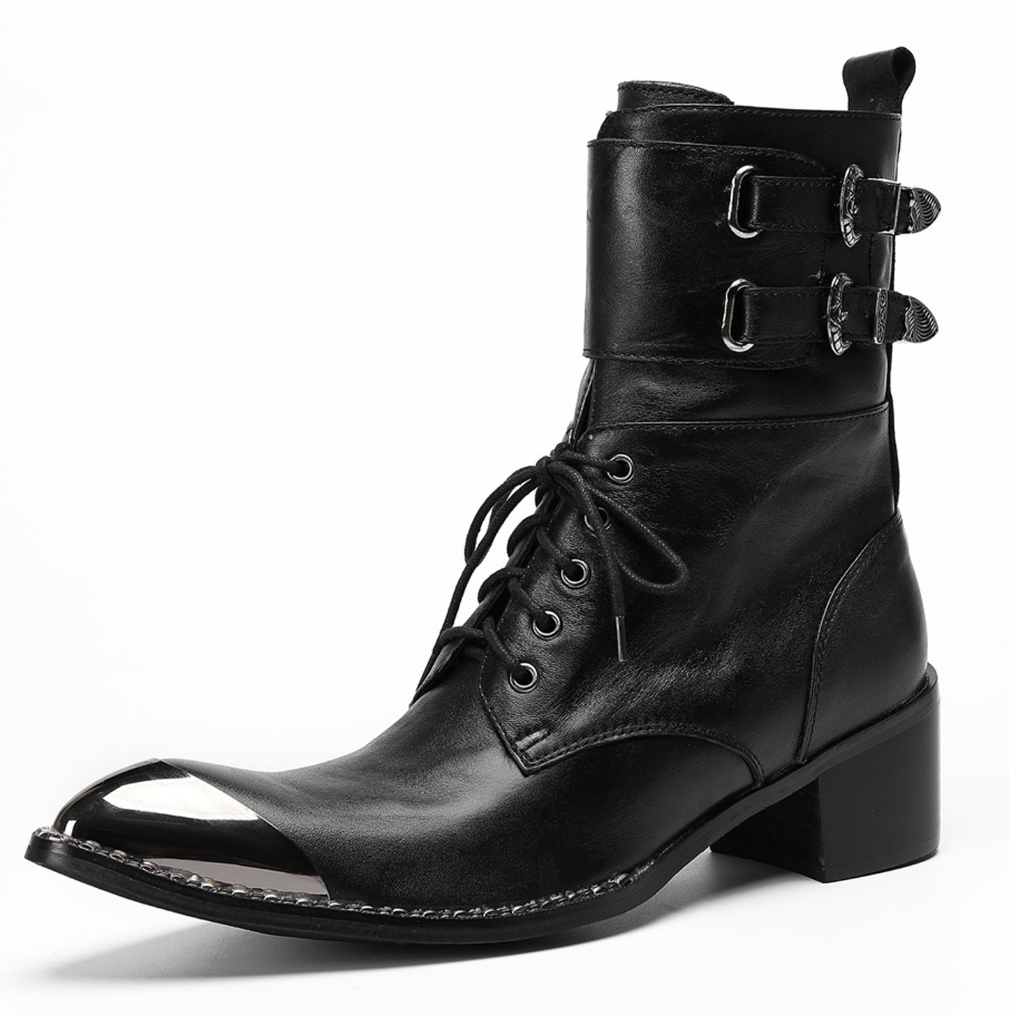 Mens Black Leather Metal Cap Toe Cowboy Western Boots
