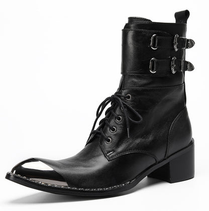 Mens Black Leather Metal Cap Toe Cowboy Western Boots