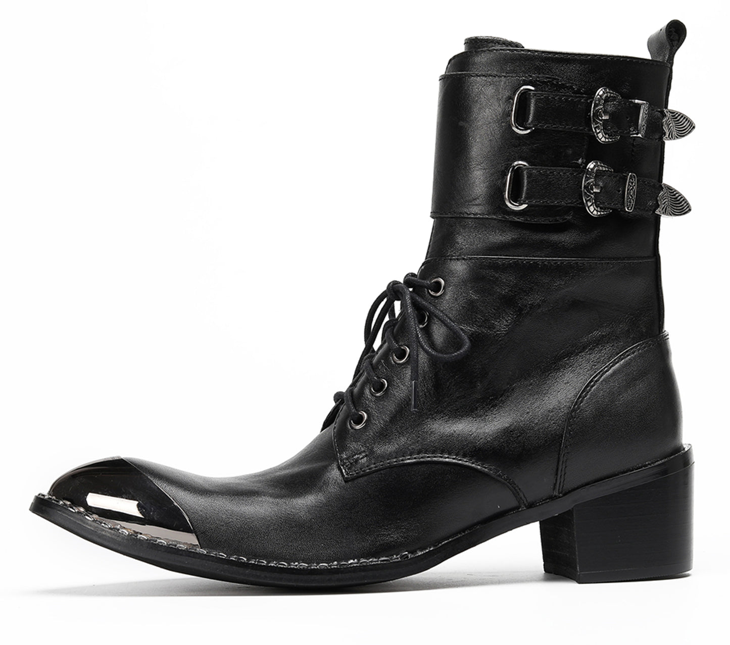 Mens Black Leather Metal Cap Toe Cowboy Western Boots