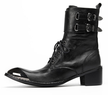 Mens Black Leather Metal Cap Toe Cowboy Western Boots