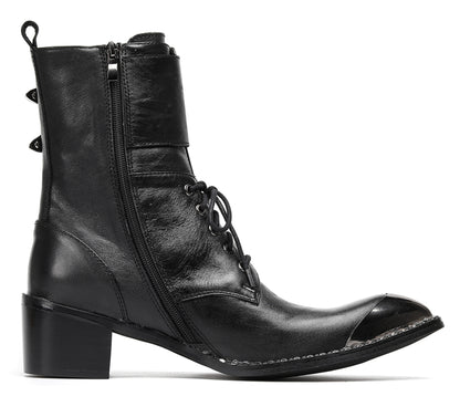 Mens Black Leather Metal Cap Toe Cowboy Western Boots