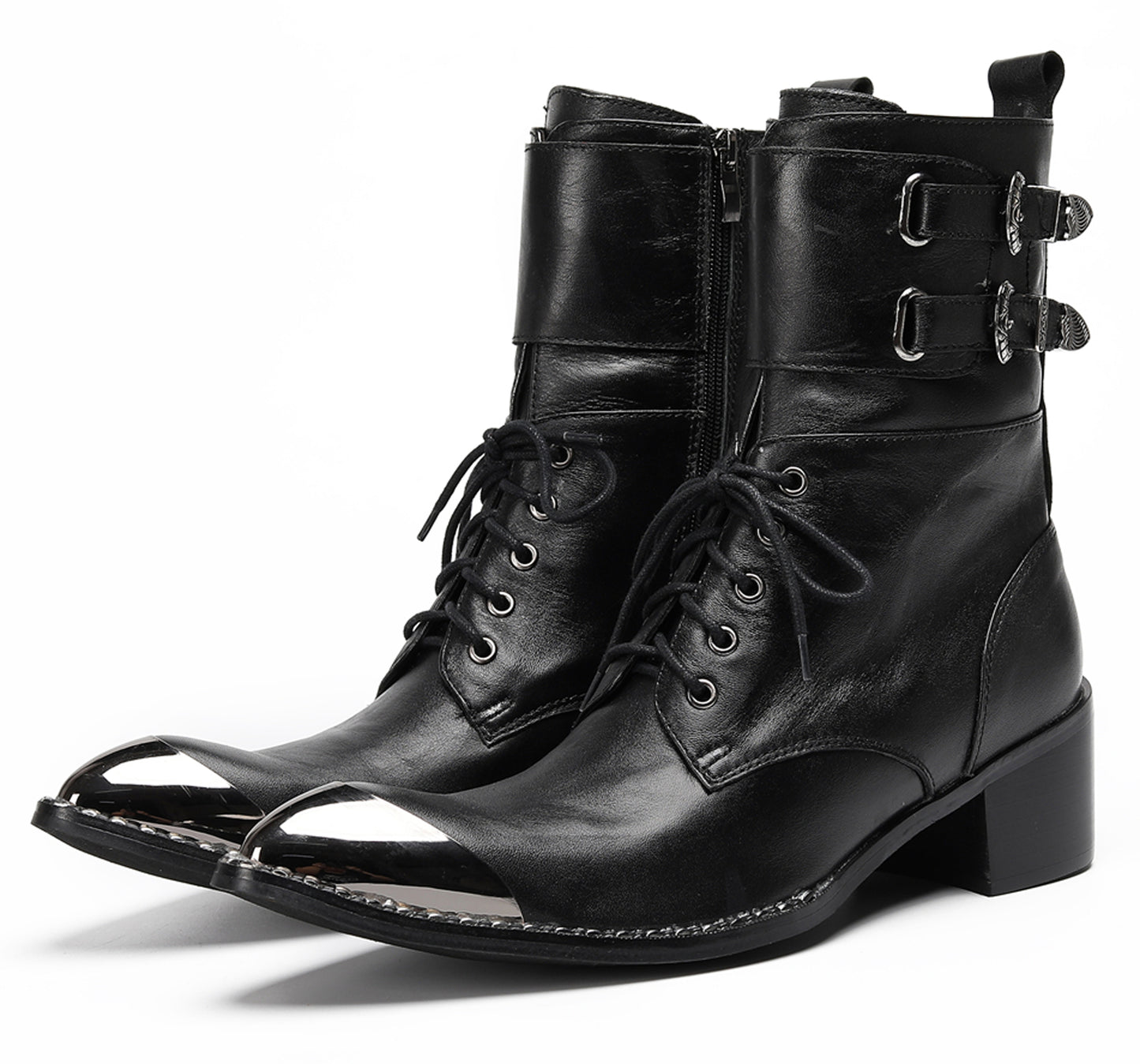 Mens Black Leather Metal Cap Toe Cowboy Western Boots