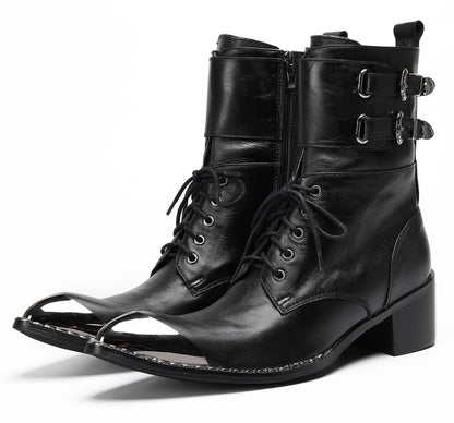 Mens Black Leather Metal Cap Toe Cowboy Western Boots