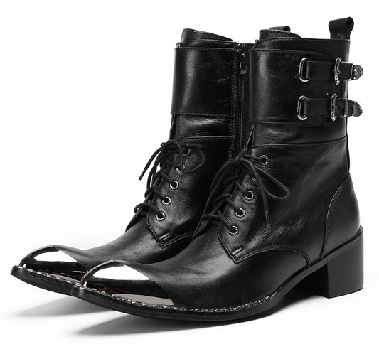 Mens Black Leather Metal Cap Toe Western Cowboy Boots