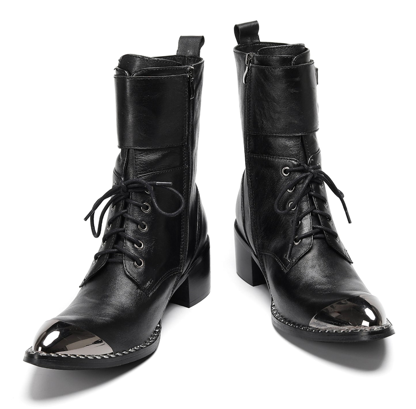 Mens Black Leather Metal Cap Toe Cowboy Western Boots