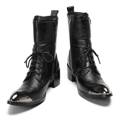 Mens Black Leather Metal Cap Toe Cowboy Western Boots