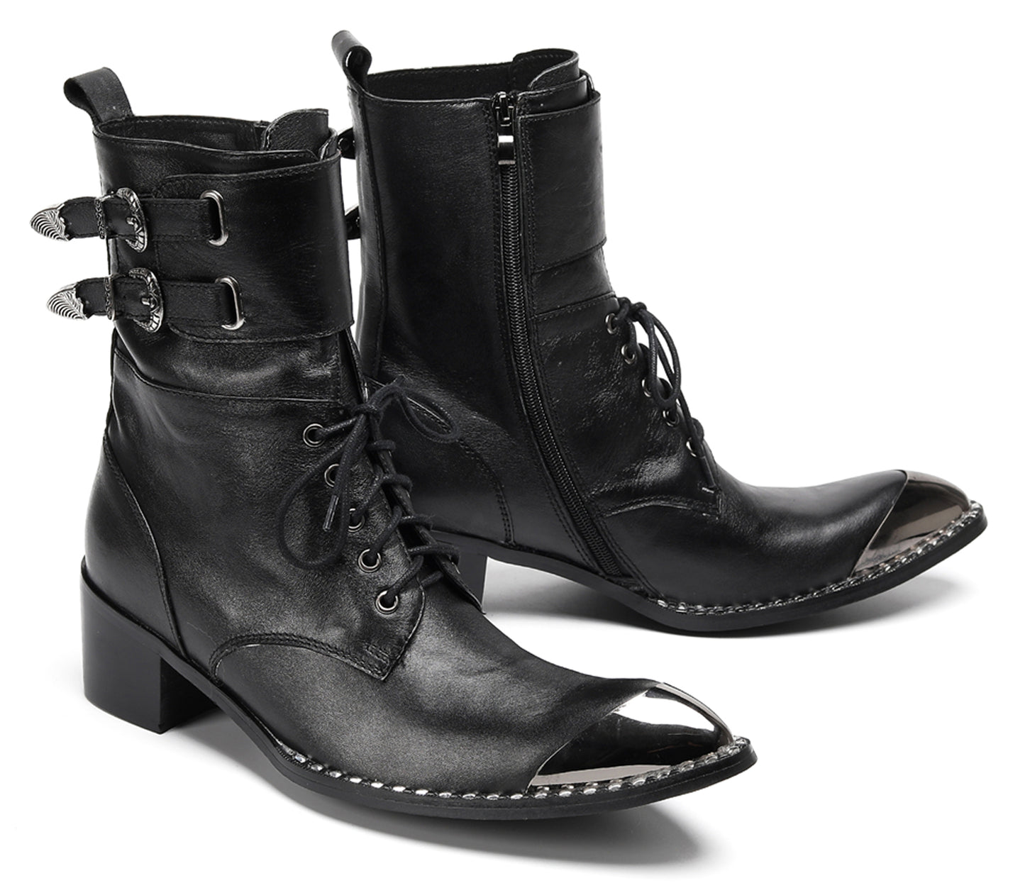 Mens Black Leather Metal Cap Toe Cowboy Western Boots