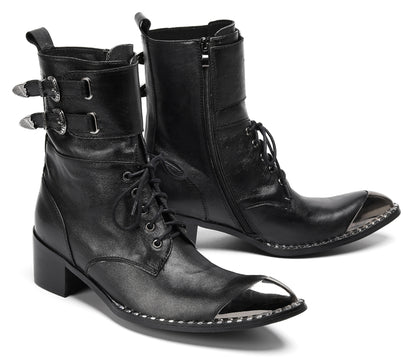 Mens Black Leather Metal Cap Toe Cowboy Western Boots