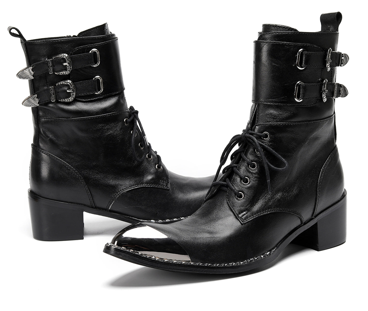 Mens Black Leather Metal Cap Toe Cowboy Western Boots