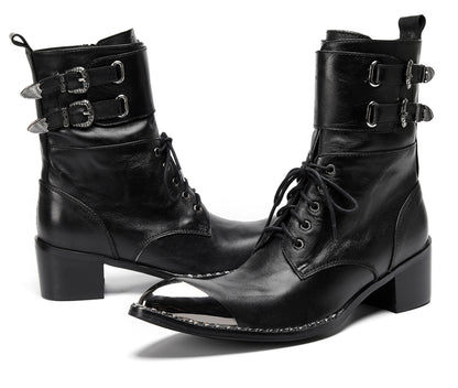 Mens Black Leather Metal Cap Toe Cowboy Western Boots