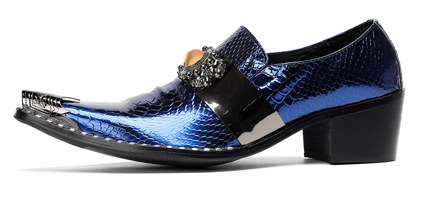 Mens Snakeskin Leather Metal Pointed Toe Chunky Heel Western Loafers
